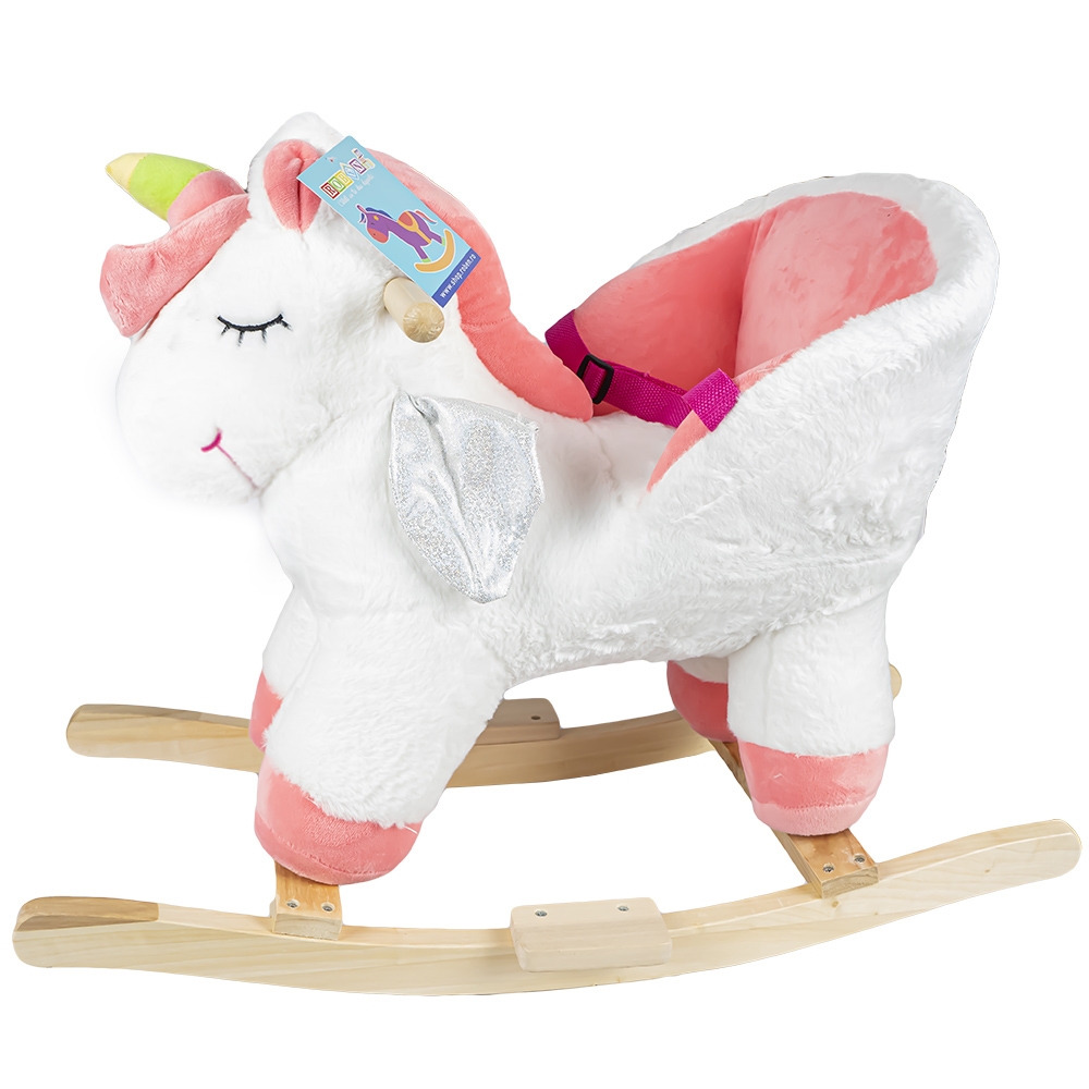 Balansoar pentru bebelusi, Unicorn, lemn + plus, roz+alb, 52 cm - imagine 3