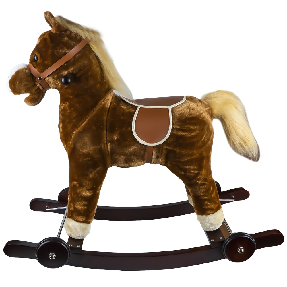 Calut balansoar, lemn + plus, caramiziu, cu rotile, 74x33x62 cm - imagine 2