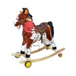 Calut balansoar, lemn + plus, cu rotile, maro+alb, 71 cm