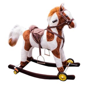 Calut balansoar, lemn + plus, cu rotile, maro+alb, 74 cm