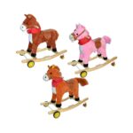 Calut balansoar, lemn + plus, roz/caramiziu/maro, cu rotile, 61 cm