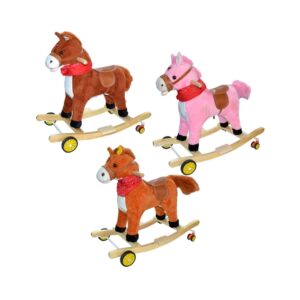 Calut balansoar, lemn + plus, roz/caramiziu/maro, cu rotile, 61 cm