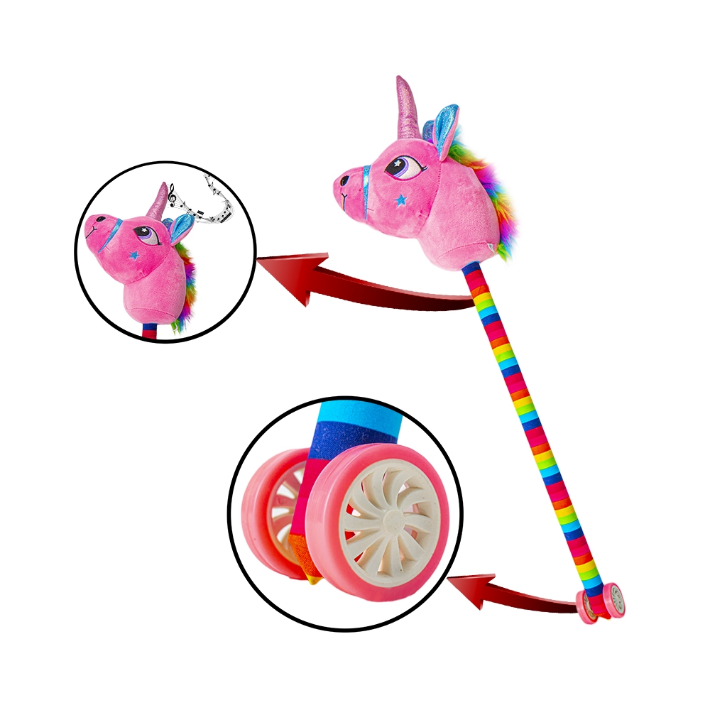 Unicorn de calarit, cu tija + rotile, cu sunet, mov/albastru/roz/galben, 80 cm - imagine 6